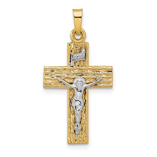 14k Yellow Gold Wood Textured INRI Crucifix Pendant 7/8in