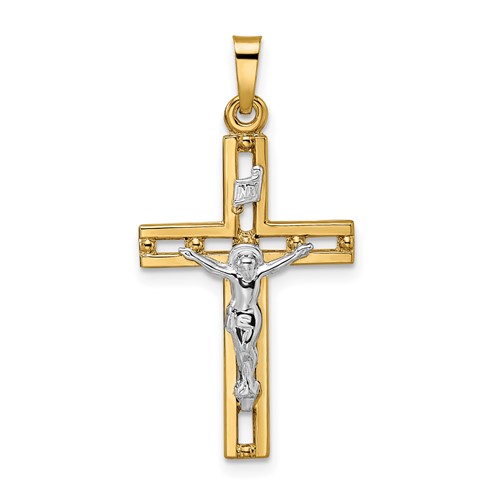 14k Two-tone Gold INRI Crucifix Pendant with Bead Accents