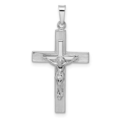 14k White Gold Striped Crucifix Pendant 1in