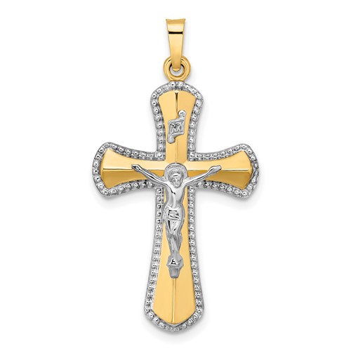 14k Yellow Gold and Rhodium Hollow INRI Crucifix with Beaded Border
