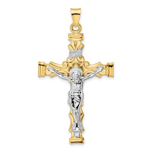 14k Two-tone Gold Floral INRI Crucifix Pendant 1.5in