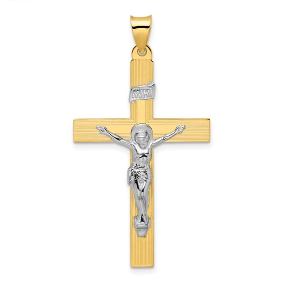 14k Two-tone Gold Lined INRI Crucifix Pendant 1.6in