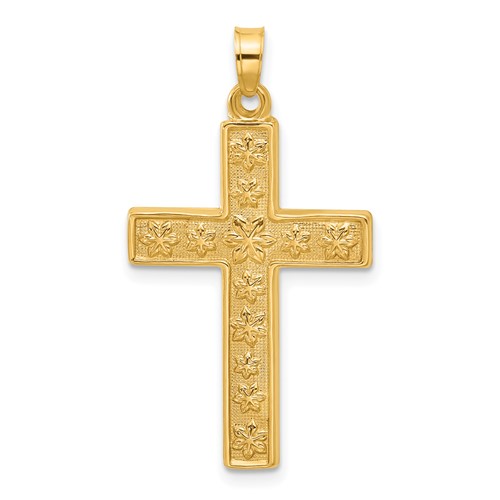 14k Yellow Gold Floral Latin Cross Pendant with Polished and Textured Finish 1in