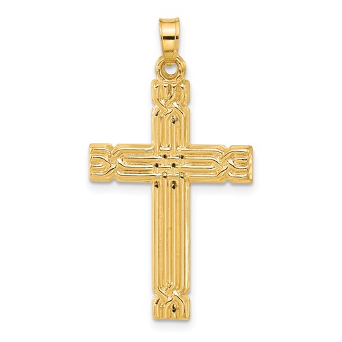 14k Yellow Gold Grooved Hollow Cross Pendant 1in