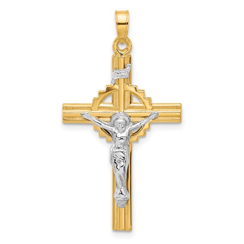 14k Two-tone Gold Textured Hollow INRI Crucifix Pendant 1.25in