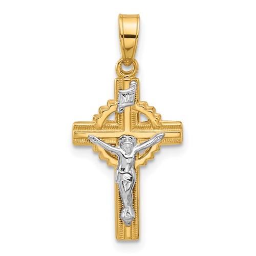14k Two-Tone Gold Hollow INRI Crucifix Pendant Textured Finish 3/4in