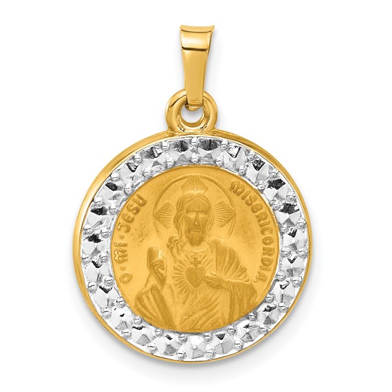14k Yellow Gold and Rhodium Hollow Sacred Heart of Jesus Medal 5/8in
