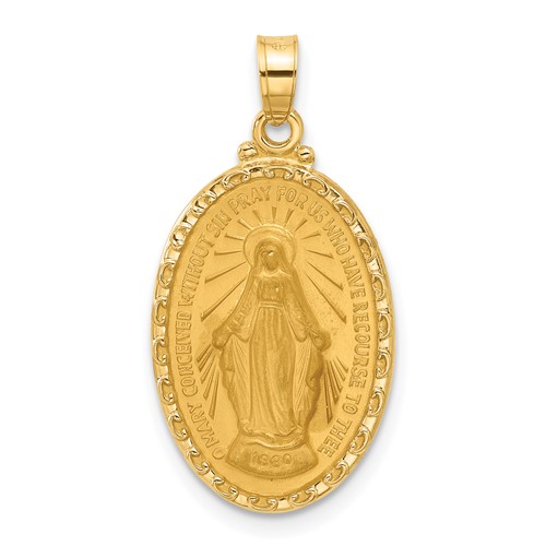 14k Yellow Gold Oval Miraculous Medal Pendant With Scroll Border 7/8in