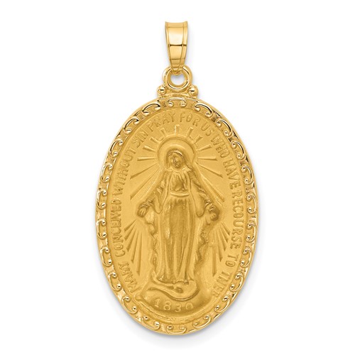 14k Yellow Gold Oval Miraculous Medal Pendant With Scroll Border 1in