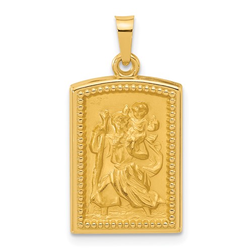 14k Yellow Gold Rectangular St. Christopher Medal Beaded Border 3/4in
