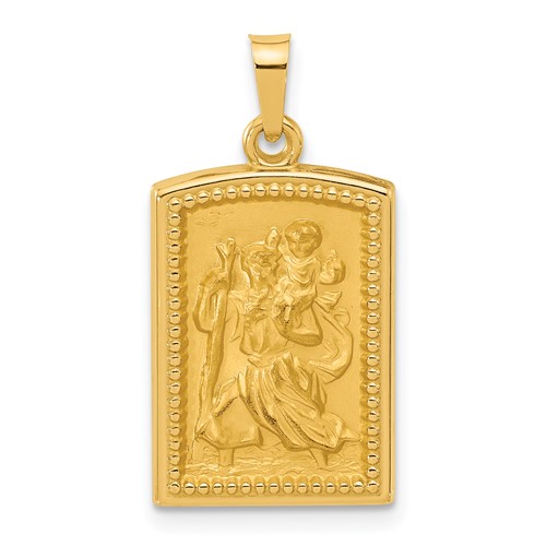 14k Yellow Gold Rectangular St. Christopher Medal Beaded Border 3/4in