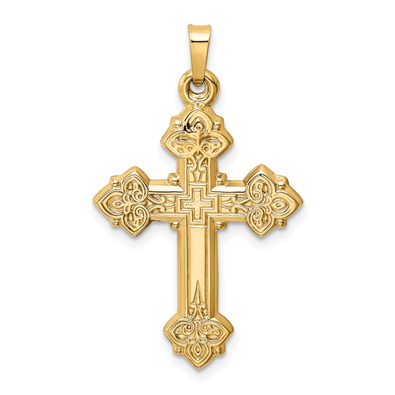 14kt Yellow Gold 1in Budded Hollow Cross Pendant