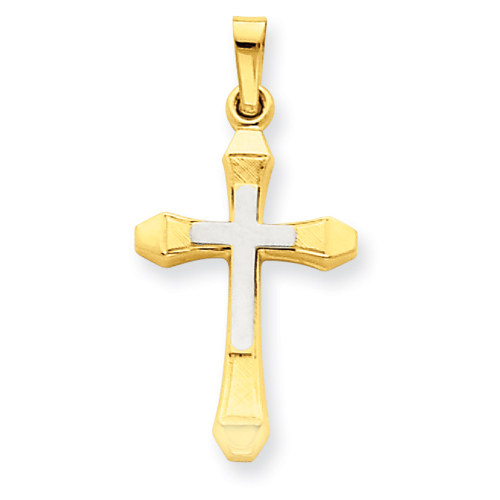 14k Yellow Gold and Rhodium Hollow Cross Pendant 13/16in