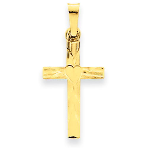 14k Yellow Gold 3/4in Hollow Cross Pendant with Heart XR256
