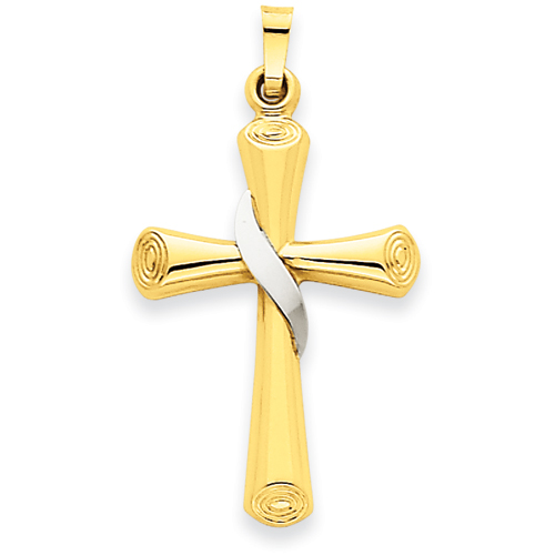 14k Two-tone Gold 1in Hollow Tapered Cross Pendant with Ribbon
