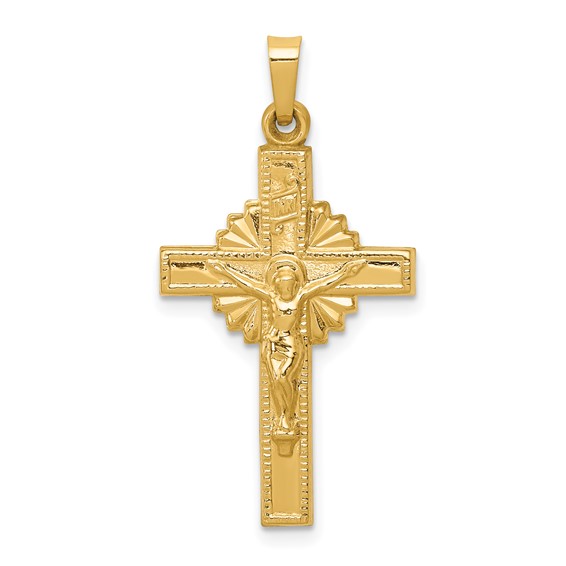 14k Yellow Gold INRI Hollow Crucifix Pendant with Sunburst Design 1in