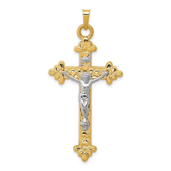 14k Two-tone Gold INRI Hollow Crucifix Pendant 1 1/2in