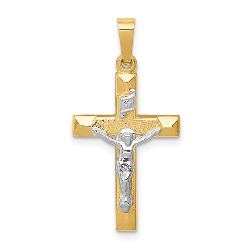 14k Two-tone Gold INRI Hollow Block Crucifix Pendant 7/8in