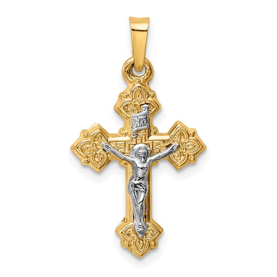 14k Two-tone Gold INRI Hollow Budded Crucifix 3/4in