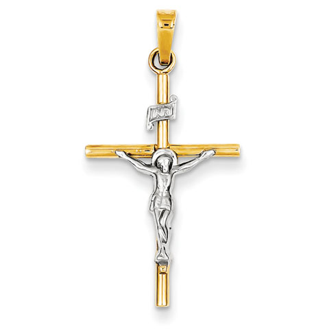 14kt Two-tone Gold Hollow Stick INRI Crucifix Pendant 1in