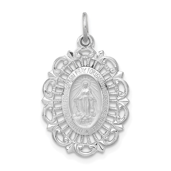 14k White Gold Ornate Miraculous Medal 7/8in