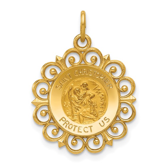 14k Yellow Gold 3/4in Saint Christopher Medal with Scalloped Border