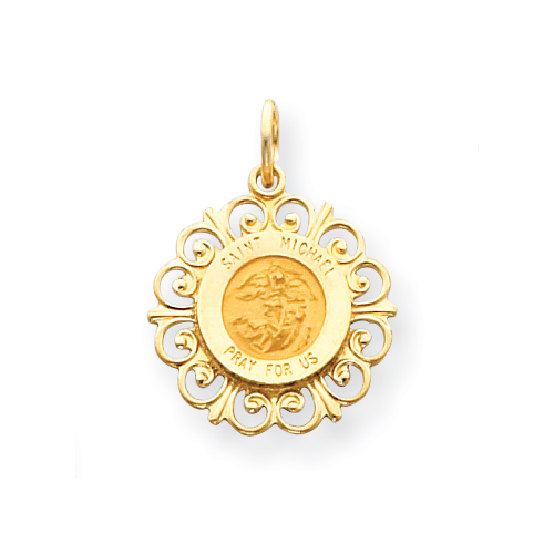 14k Yellow Gold Saint Michael Medal Charm with Scroll Border 3/4in - Religious Pendant