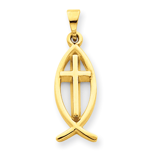 14k Yellow Gold 3/4in Ichthus Fish and Cross Pendant