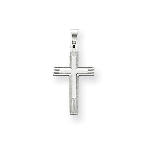 14k White Gold Latin Cross Pendant with Lined Surface 3/4in