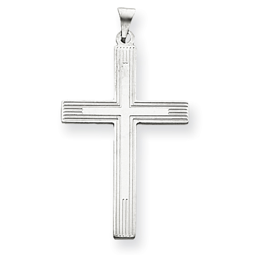 14k White Gold Cross with Lined Surface 1 1/4in