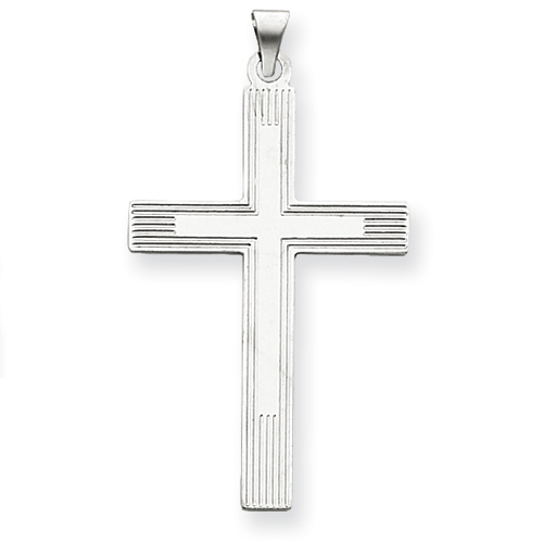 14k White Cross Pendant with Lined Surface 1 1/2in