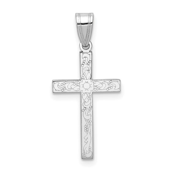 14k White Gold Stamped Floral Latin Cross Pendant 3/4in XR484