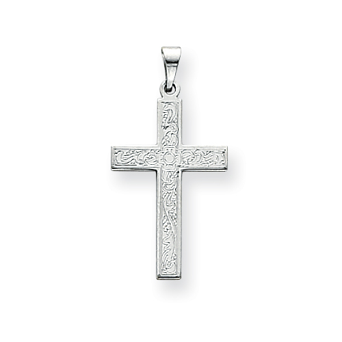 14k White Gold Textured Floral Cross Pendant with Satin Back 7/8in