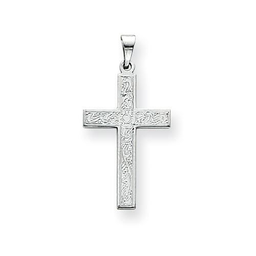 14k White Gold Textured Floral Cross Pendant with Satin Back 7/8in
