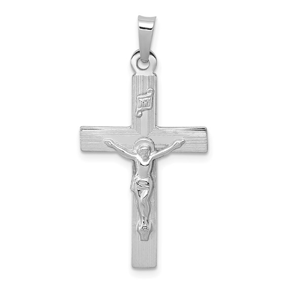 14k White Gold INRI Crucifix Pendant with Fine Lines 1in