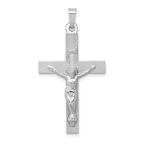 14k White Gold INRI Latin Crucifix Pendant with Lines 1 1/8in