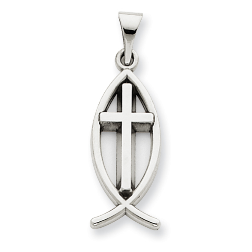 14kt White Gold 3/4in Cross Ichthus Fish Pendant