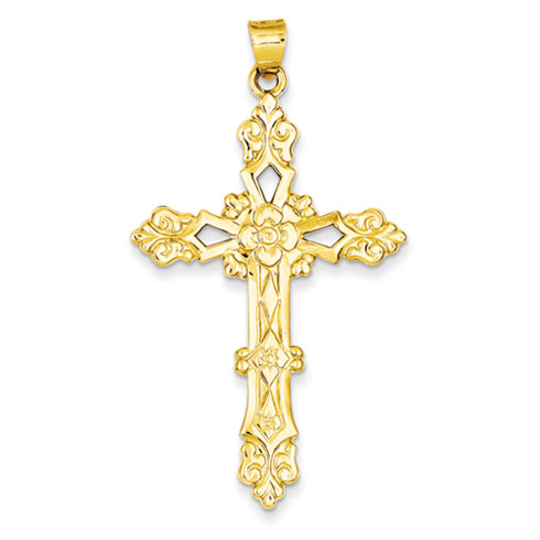 14kt Yellow Gold 1 3/4in Fleur de Lis Polished Cross Pendant
