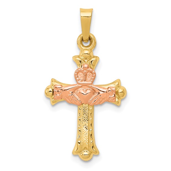 14k Yellow and Rose Gold 3/4in Claddagh Cross