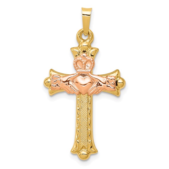 14kt Two-Tone Gold 1in Hollow Claddagh Cross