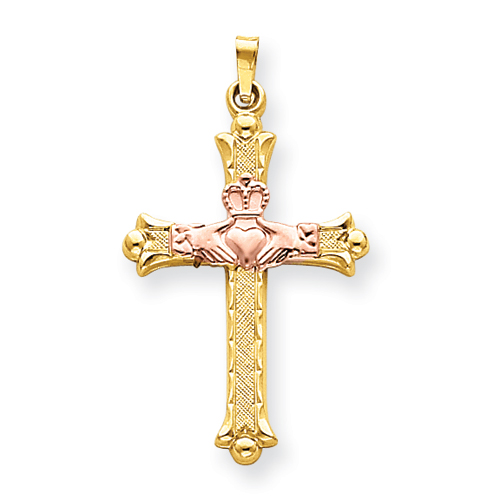 14kt Two Tone Gold Hollow 1 1/4in Claddagh Cross