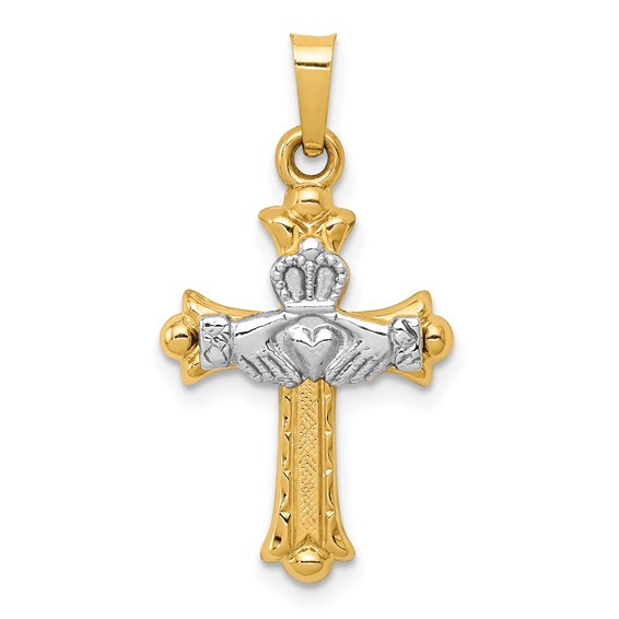 14k Two-Tone Gold 13/16in Hollow Claddagh Cross
