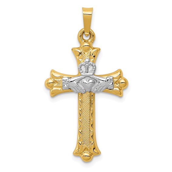 14kt Two-tone Gold 1in Claddagh Cross Pendant