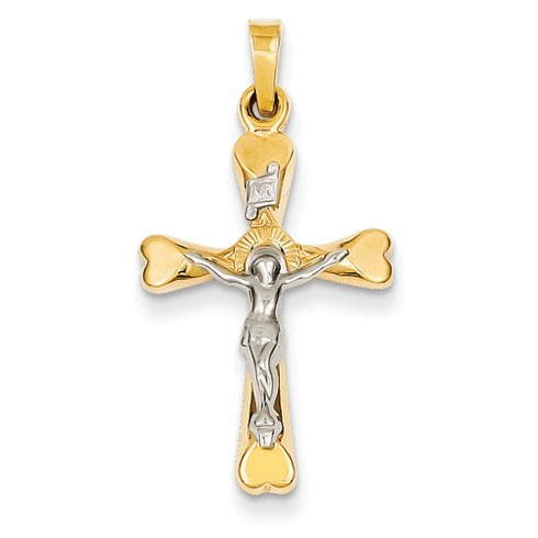 14k Two-tone Gold INRI Hollow Crucifix Pendant with Hearts 1in