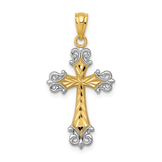 14k Yellow Gold and Rhodium 7/8in Fleur de Lis Cross Pendant