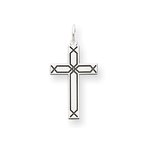 14k White Gold Cross Pendant with Laser Etched Twill Design 3/4in