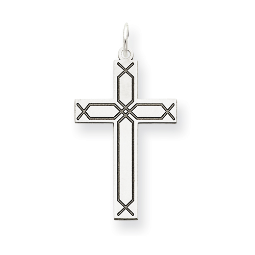14k White Gold Cross Pendant with Laser Etched Twill Design 1in