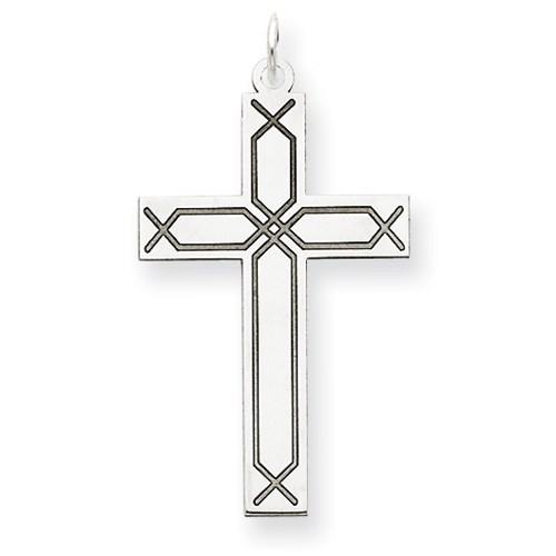 14k White Gold Cross Pendant with Laser Etched Twill Design 1 5/16in