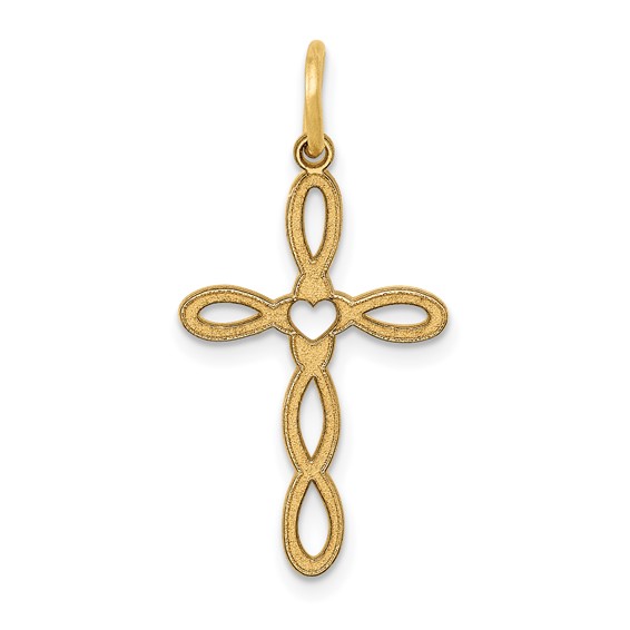 14kt Yellow Gold 3/4in Laser Etched Heart Cross
