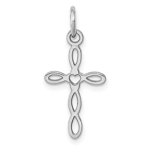 14kt White Gold 5/8in Laser Etched Heart Cross